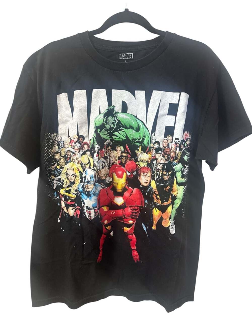 Marvel Superhero Collage Graphic T-Shirt Featuring Iron Man and Hulk